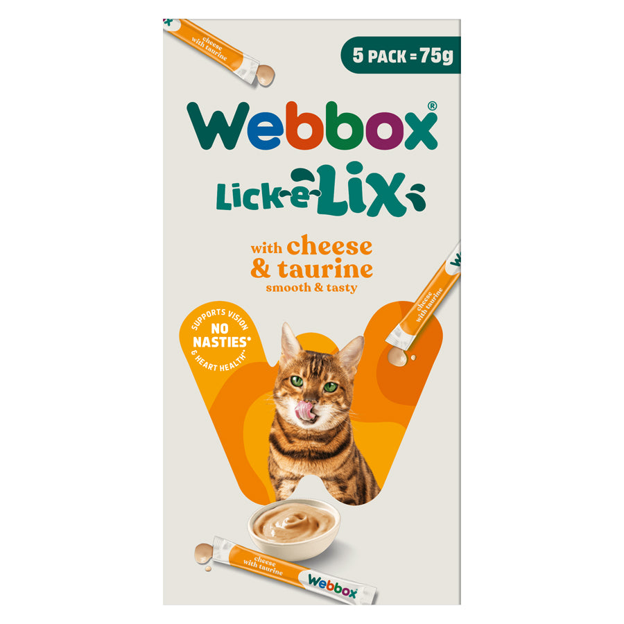 Webbox Lick-e-Lix cat treat packaging with a cat illustration on a white background