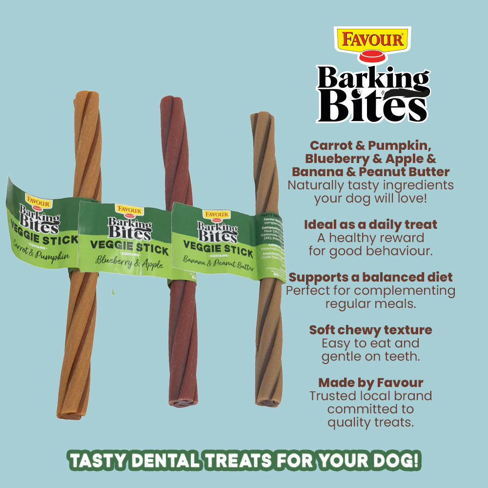 Favour Barking Bites dog treats with packaging on a light blue background
