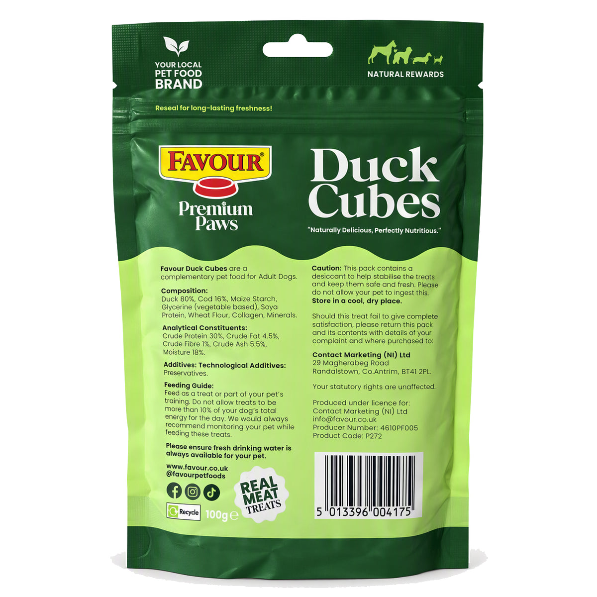 Favour Premium Paws Duck Cubes Dog Treats 100g