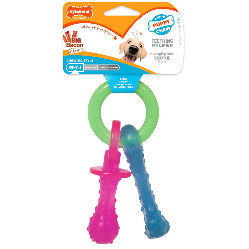 Nylabone Puppy Teething Chew Toy Pacifier, Bacon Flavour, Extra Small, Blue/Pink