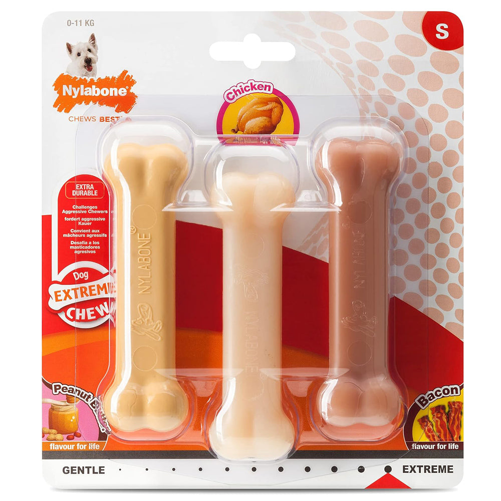 Nylabone Extreme Tough Dog Chew Bones – Triple Flavour Pack (Peanut Butter, Chicken & Bacon), Small Dogs Up to 11 kg