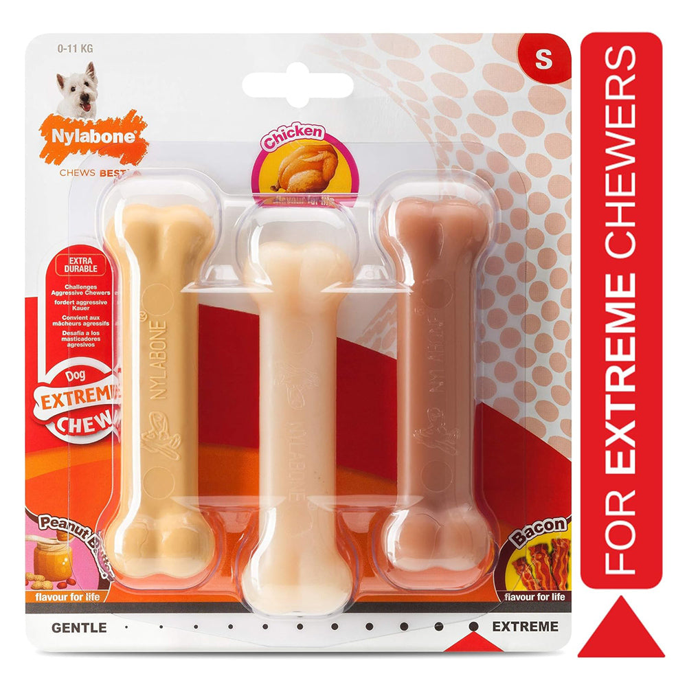 Nylabone Extreme Tough Dog Chew Bones – Triple Flavour Pack (Peanut Butter, Chicken & Bacon), Small Dogs Up to 11 kg
