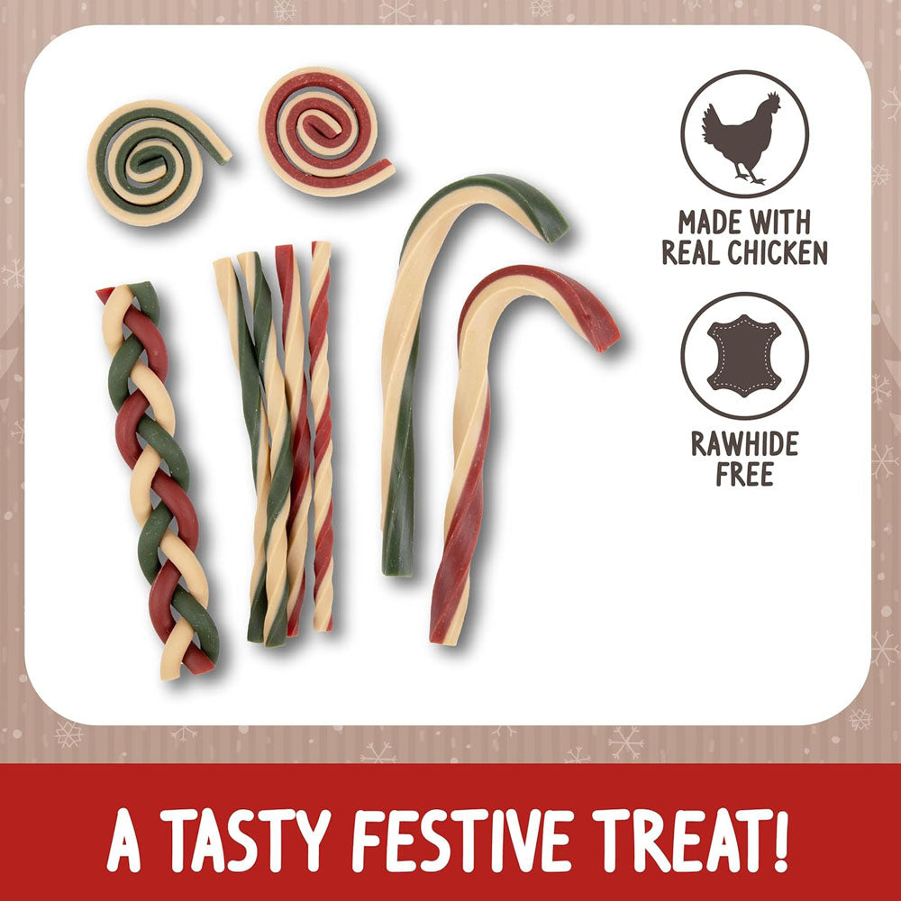 Dog chew treats in red, green, and beige on a white background with branding information.