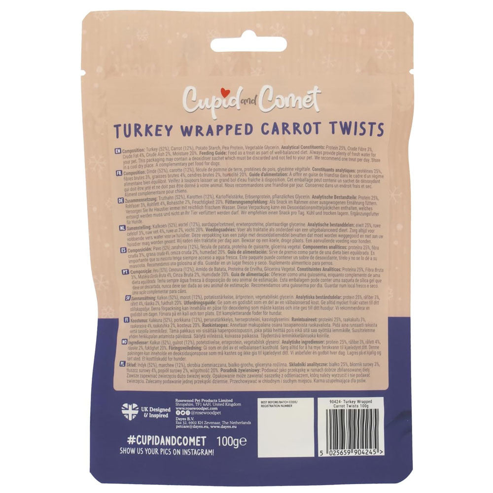 Rosewood Cupid & Comet Turkey Wrapped Carrot Twists Dog Treats 100g