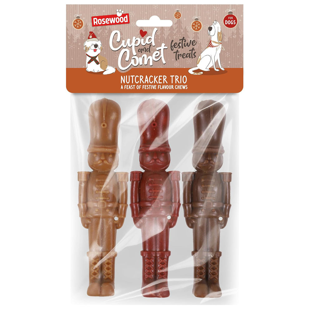 Rosewood Cupid & Comet Nutcracker Trio for Dogs, Festive Rawhide-Free Chews (135g)