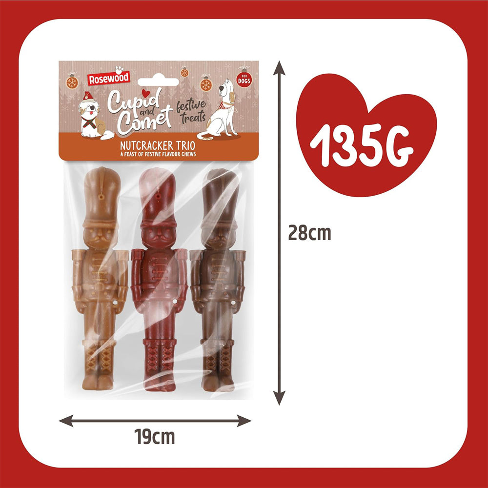 Rosewood Cupid & Comet Nutcracker Trio for Dogs, Festive Rawhide-Free Chews (135g)