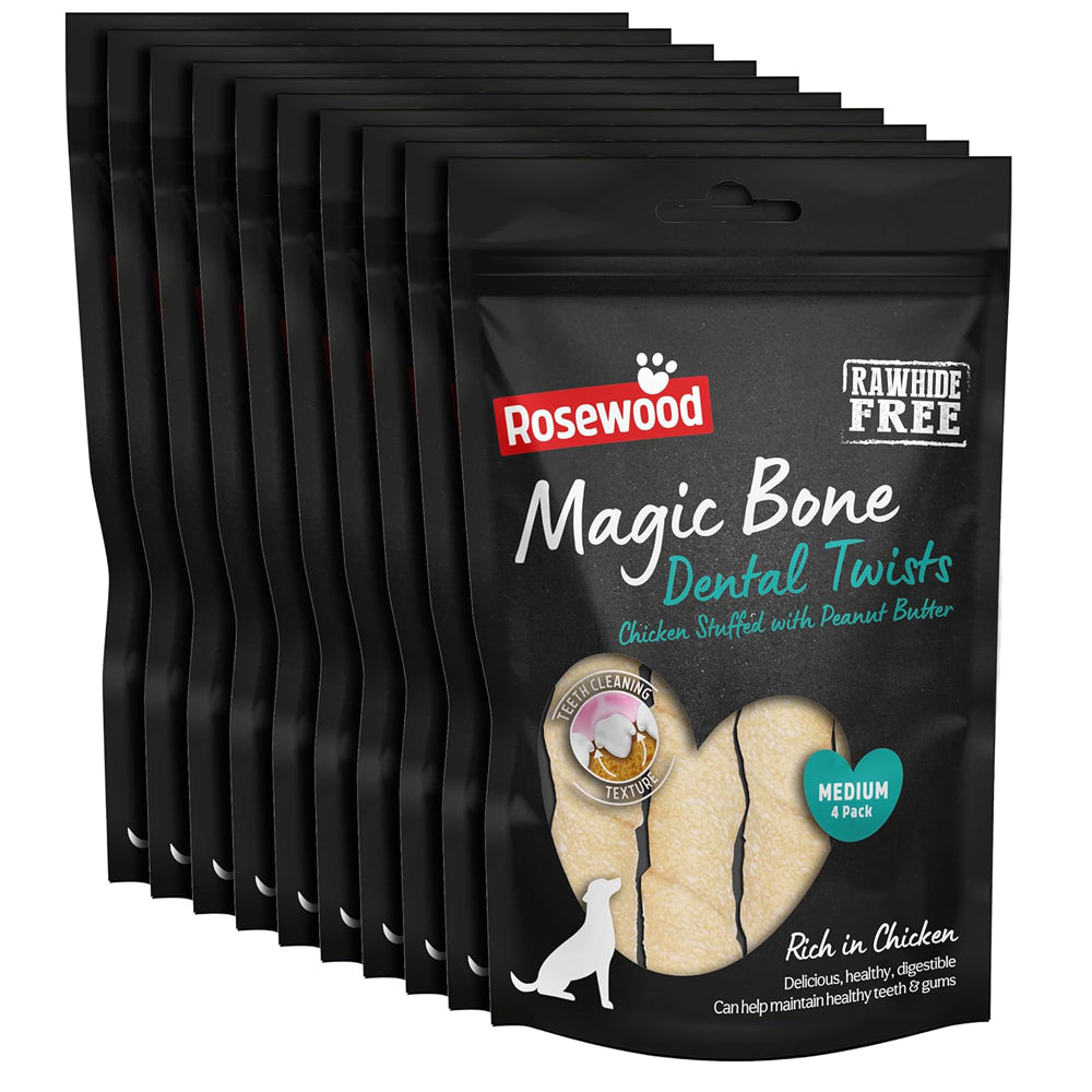Rosewood Magic Bone Dental Twists Dog Treats With Chicken, Peanut Butter 120g