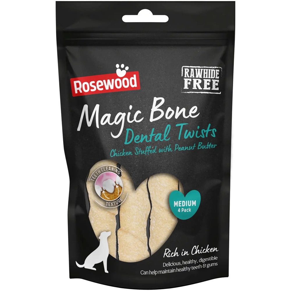 Rosewood Magic Bone Dental Twists Dog Treats With Chicken, Peanut Butter 120g