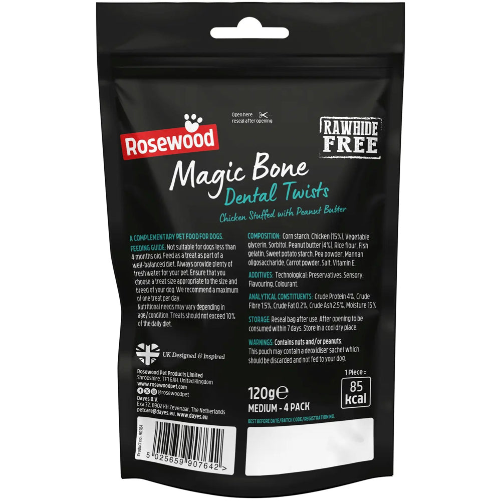 Rosewood Magic Bone Dental Twists Dog Treats With Chicken, Peanut Butter 120g